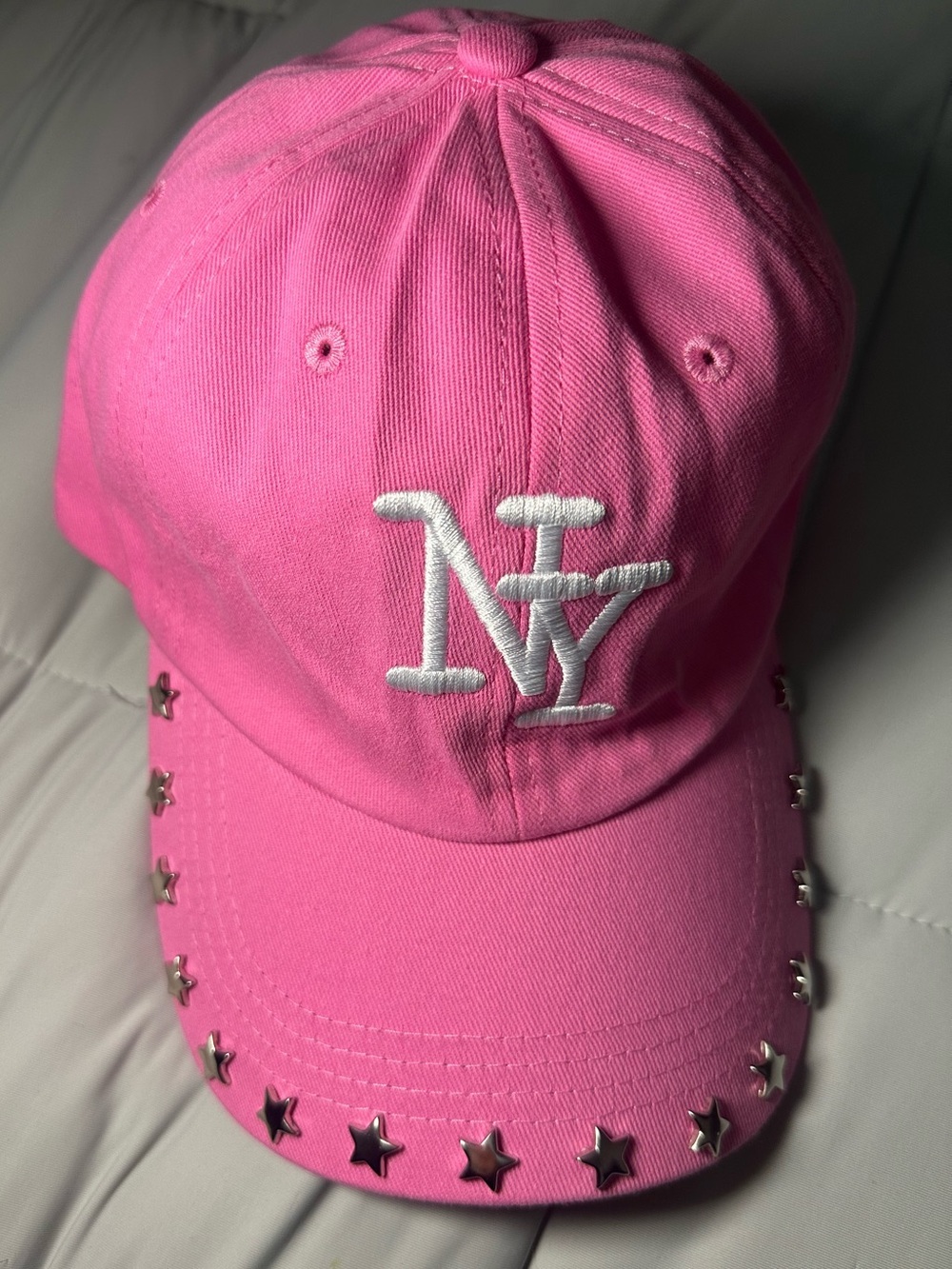 Pink NY Embroidered Star-Studded Baseball Cap